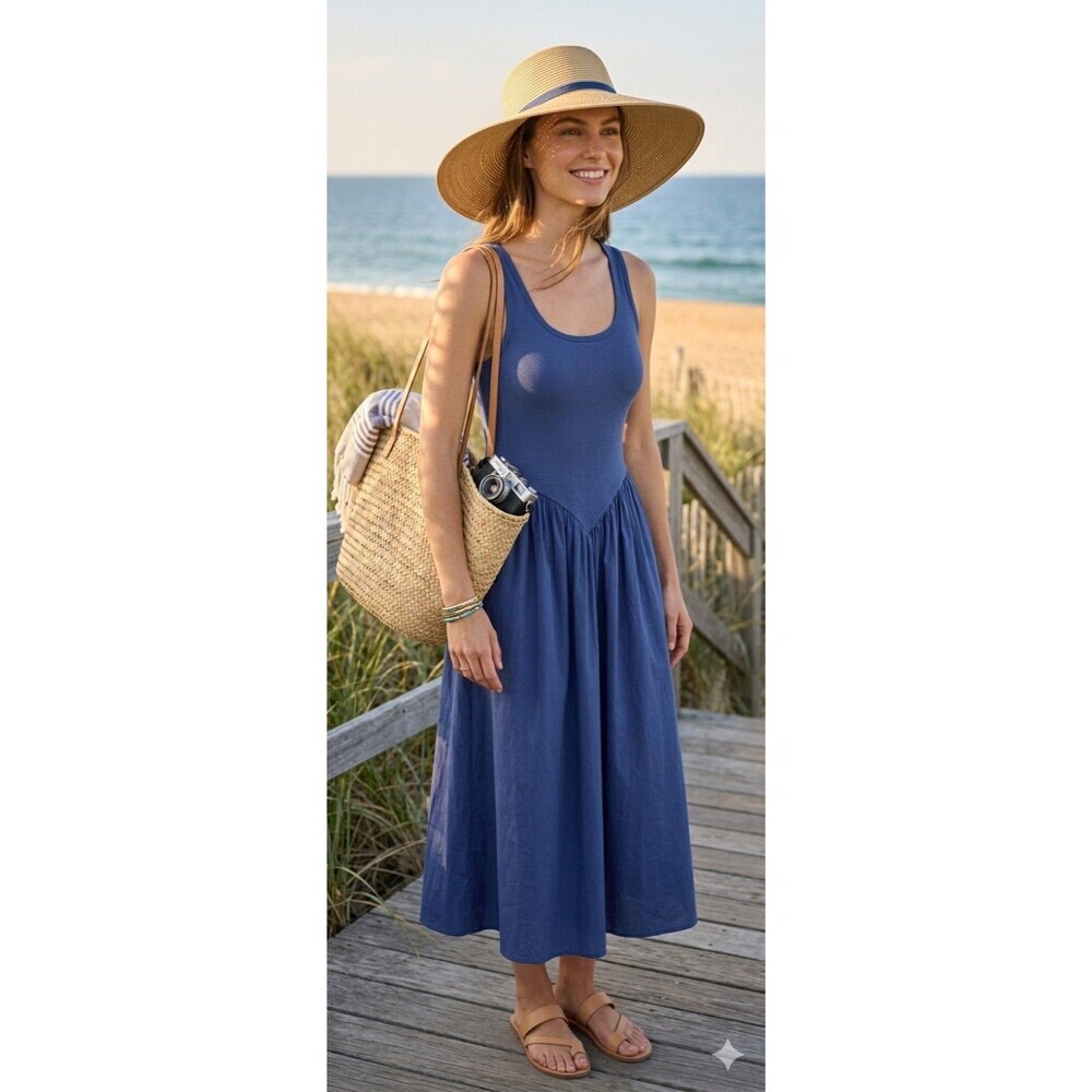 Oak & Trellis Midi Dress NWT Size L Blue Ribbed Bodice Cotton Poplin Skirt Dress - Picture 2 of 9